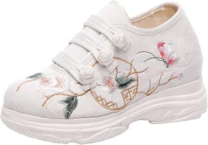 2025 Embroidered 6CM Wedge Sneakers Women's Hidden Heel Platform Chunky Walking Shoes Wedding Sandals Chinese Style