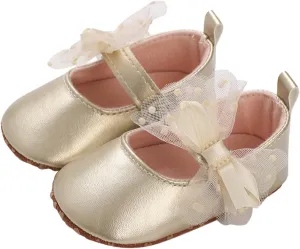Baby Girls Sparkly Mary Jane Shoes Tulle Bow Tie Straps Closed Toe Soft Infant Cute Dress Up Sandals Wedding