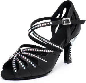 Ballroom Dance Shoes for Women  Salsa Latin Dancing Shoes, Professional 3 Inch Ladies Satin Rhinestone Dance Heels, 3Mid Heel Suede Sole