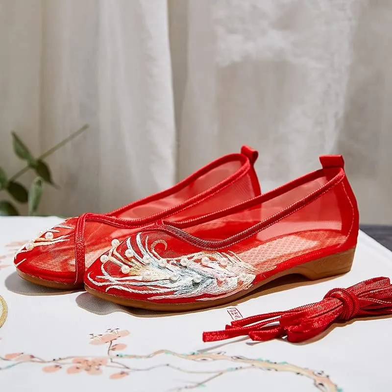 ChaiRong Zhou Women's Round Toe Cutout Ballets Embroidered Flower Flat Shoes Sandals Mesh Breathable Summer Walking Driving Shoes