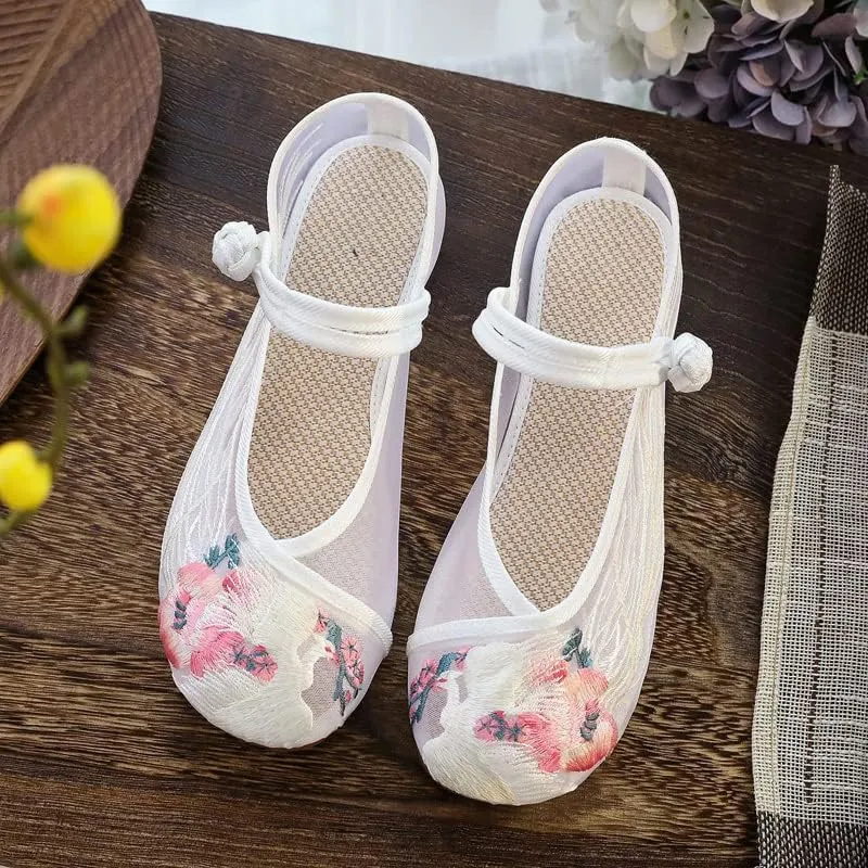 ChaiRong Zhou Women's Round Toe Cutout Ballets Embroidered Flower Flat Shoes Sandals Mesh Breathable Summer Walking Driving Shoes