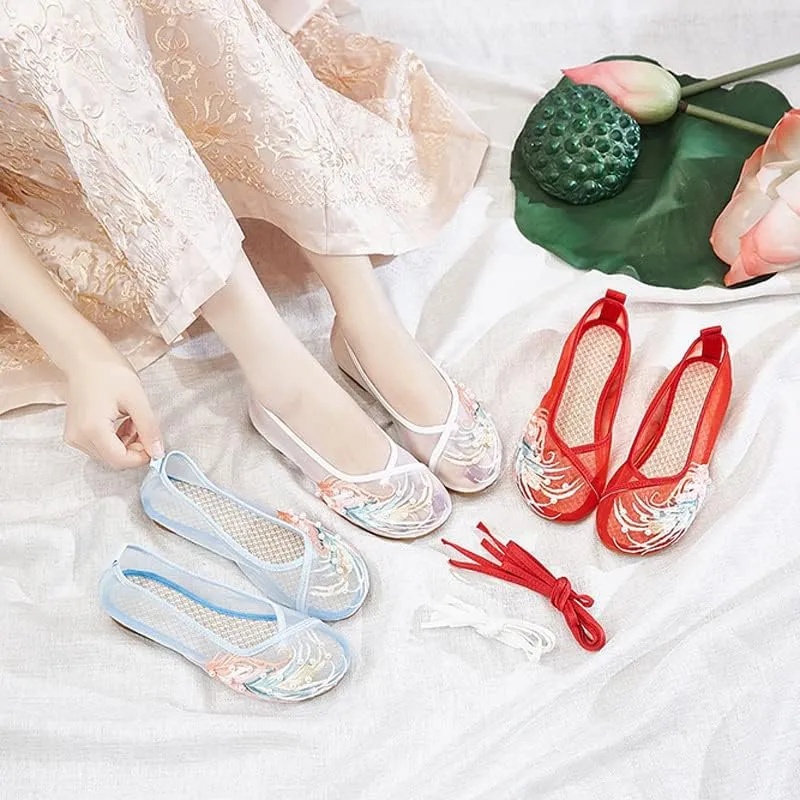 ChaiRong Zhou Women's Round Toe Cutout Ballets Embroidered Flower Flat Shoes Sandals Mesh Breathable Summer Walking Driving Shoes