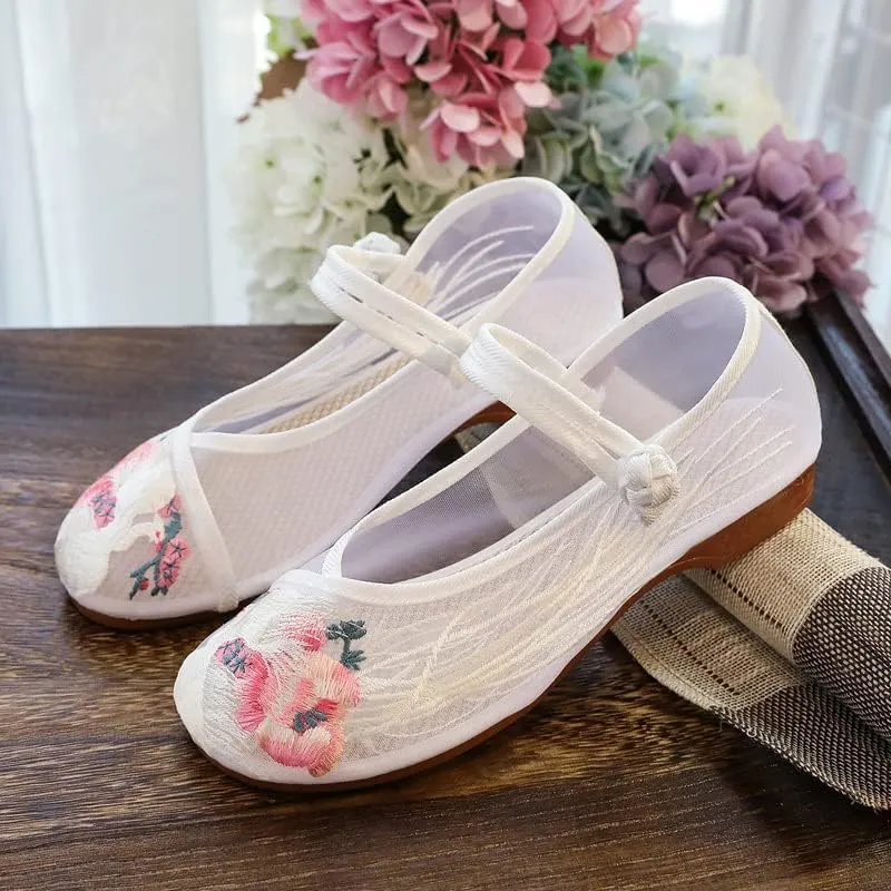 ChaiRong Zhou Women's Round Toe Cutout Ballets Embroidered Flower Flat Shoes Sandals Mesh Breathable Summer Walking Driving Shoes
