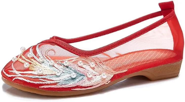 ChaiRong Zhou Women's Round Toe Cutout Ballets Embroidered Flower Flat Shoes Sandals Mesh Breathable Summer Walking Driving Shoes