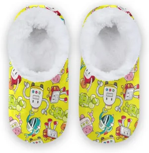 Colorful Robot Kids House Slippers Robot Waving Boys Closed Back Fuzzy Feet Slippers Girls Coral Fleece Slipper Socks No Skid Warm Cozy Home Slippers For Indoor Outdoor Winter Bedroom XS