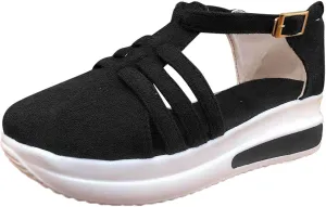 Dotmalls Women's Slip-on Platform Sandals Dress Summer Closed Toe Sandals Ankle Strap Canvas Orthopedic Walking Shoes
