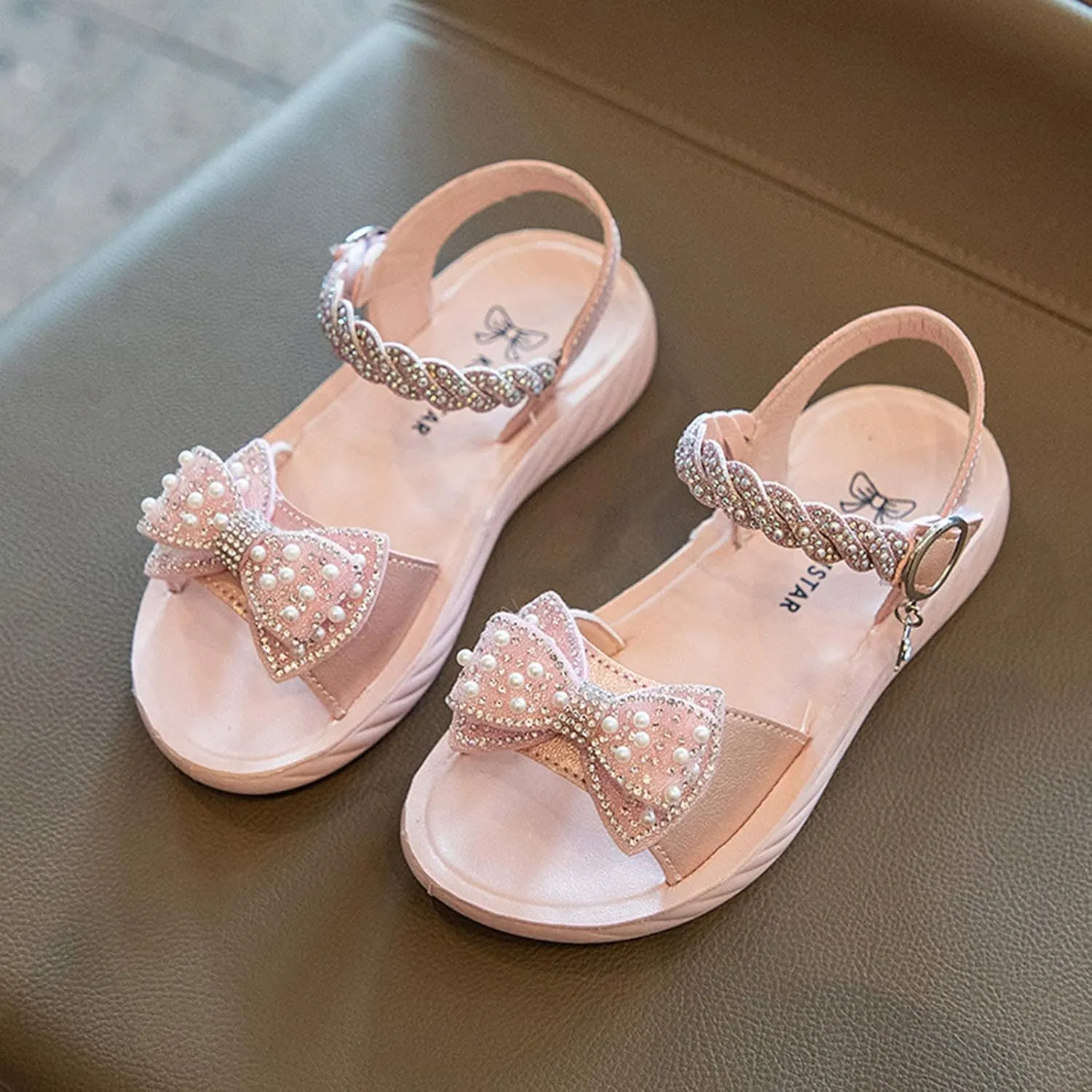 Girls Kids Foam Leather Sandals Wedding Beaded Ankle Strap Shoes Baby Girl Open Toe Summer Sequins Glitter Sandals Cute