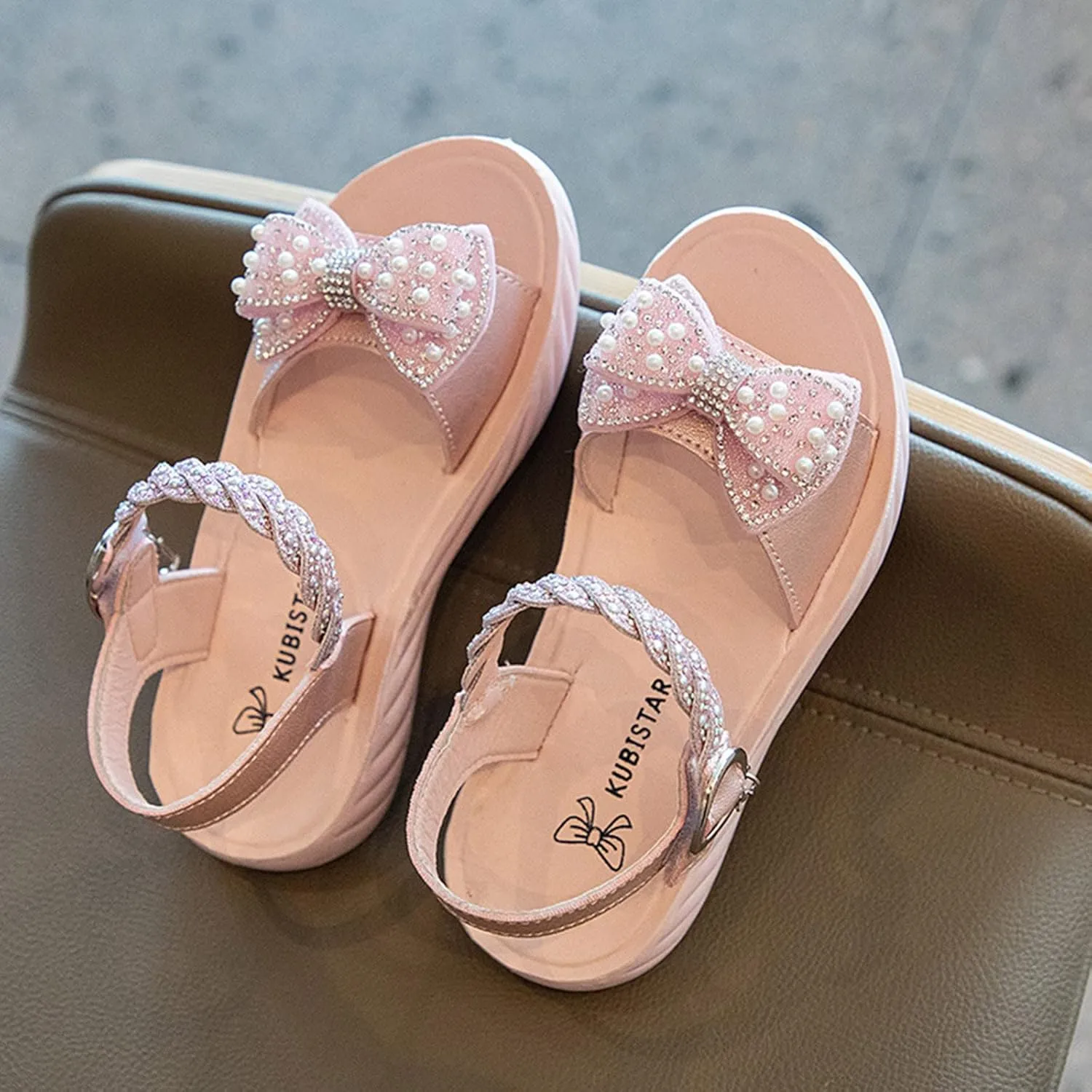 Girls Kids Foam Leather Sandals Wedding Beaded Ankle Strap Shoes Baby Girl Open Toe Summer Sequins Glitter Sandals Cute