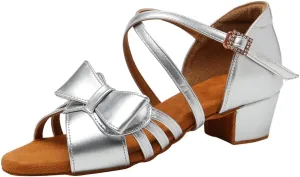 Girls Latin Dance Shoes Cute Bow Ballroom Salsa Professional Performance Practice Dancing Shoes Low Heel, Model EM-L1026
