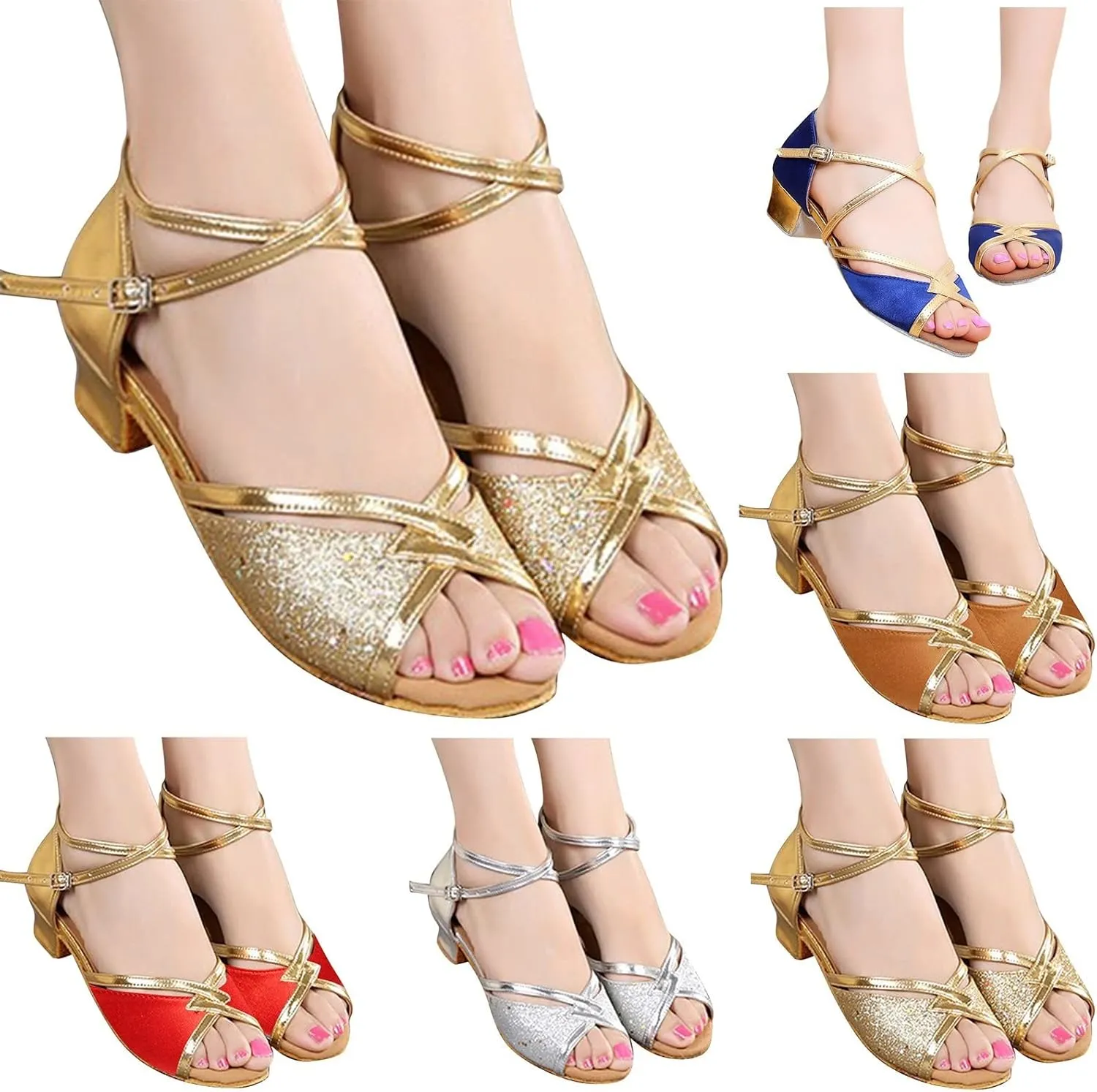 Girls Latin Dance Shoes Kids Low Heel Open Toe Glittering Tango Professional Performance Practice Dancing Shoes
