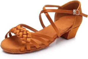 HIPPOSEUS Girls Satin Latin Dance Shoes Low Heel Ballroom Salsa Dance Practice Shoes