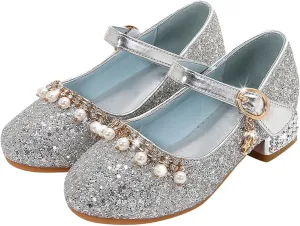 IWIHMIV Dress Up Princess Shoes for Toddler Girls Mary Jane Shoes for Girls with Low Heel Flower for Wedding School Party