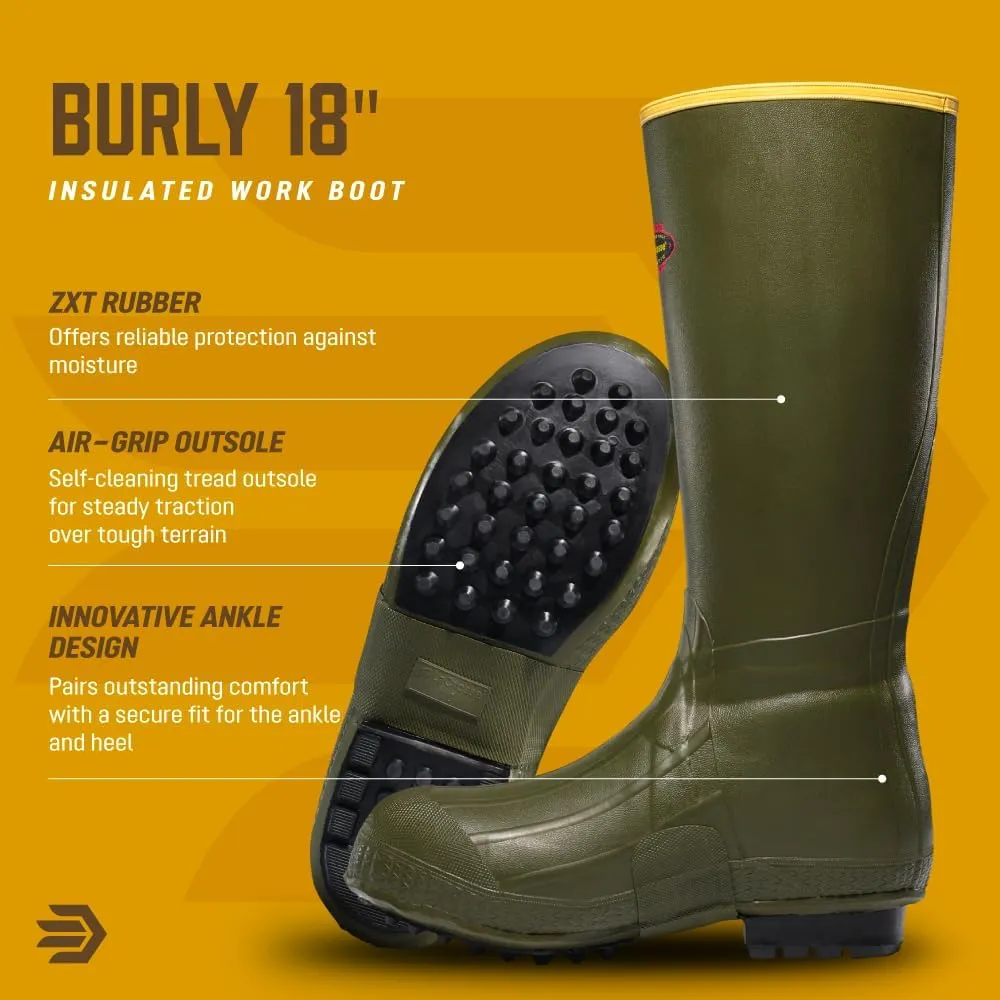 LaCrosse Burly 18 Waterproof Work Boots for Men - 100% Waterproof Rubber, with Insulating Wool Felt Midsole and High-Traction Air-Grip Outsole