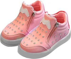 Little Boys Girls Toddler LED Flashing Sneakers Leather Zipper Flat Short Boots Lightweight Sport Shoes for Kids