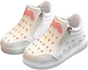 Little Boys Girls Toddler LED Flashing Sneakers Leather Zipper Flat Short Boots Lightweight Sport Shoes for Kids