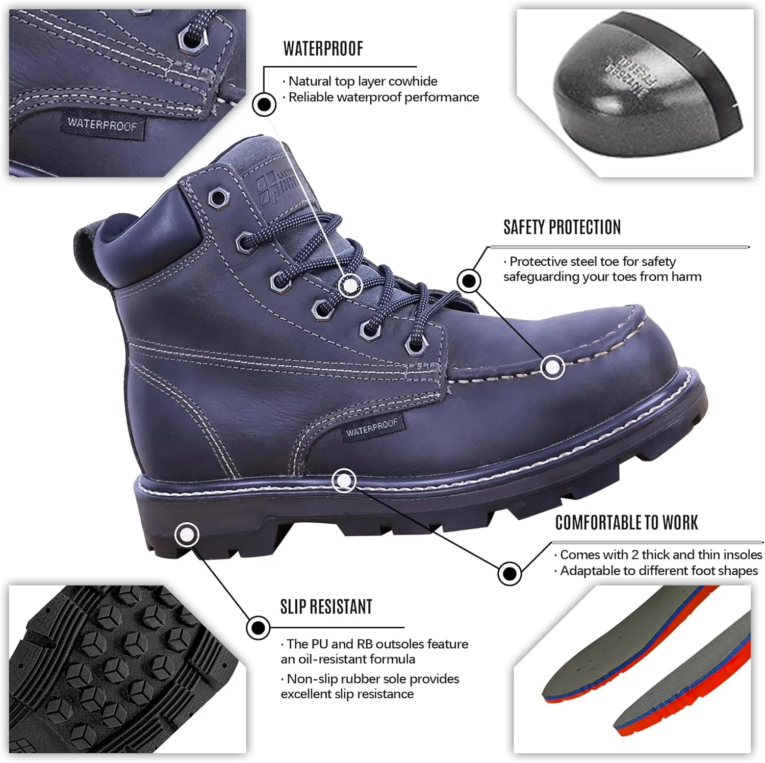 Mens Steel Toe Work Boots With 2 Different Insoles Waterproof Insulated Non Slip & Oil Resistant ASTM F2413