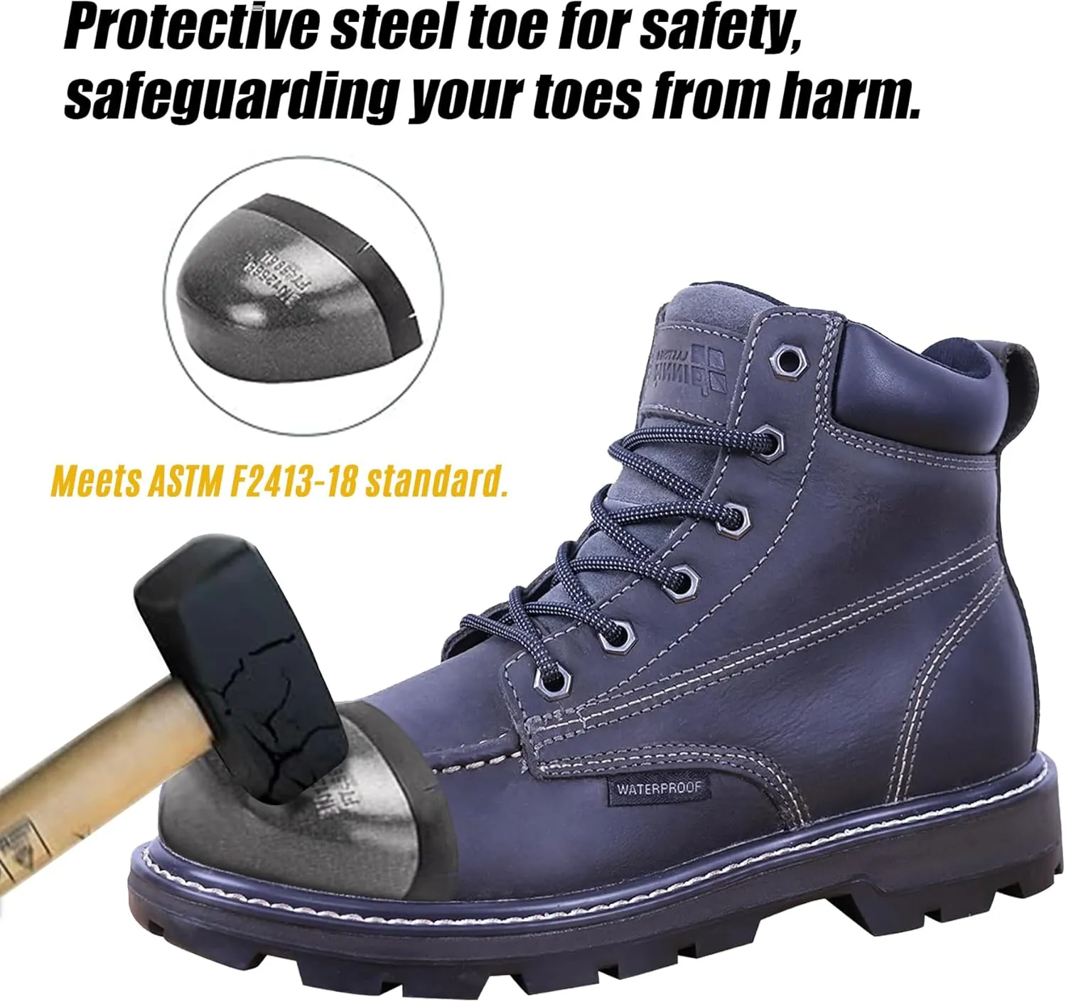 Mens Steel Toe Work Boots With 2 Different Insoles Waterproof Insulated Non Slip & Oil Resistant ASTM F2413
