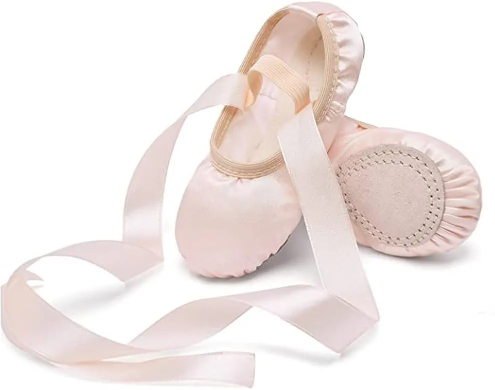 MSMAX Women's Ballet Dance Shoes Split Sole Satin Gymnastic Flats with Ribbon