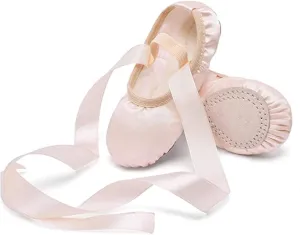 MSMAX Women's Ballet Dance Shoes Split Sole Satin Gymnastic Flats with Ribbon