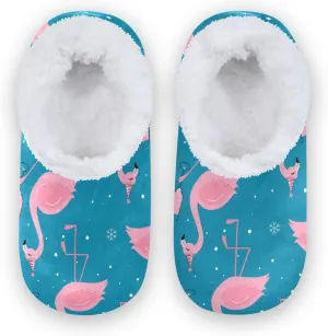 Pink Flamingo Snowflakes Kids House Slippers Cute Christmas New Year Boys Closed Back Fuzzy Feet Slippers Girls Coral Fleece Slipper Socks No Skid Warm Cozy Home Slippers For Indoor Outdoor Winter