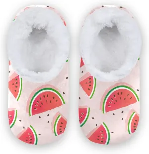 Red Watermelon Kids House Slippers Summer Fruit Boys Closed Back Fuzzy Feet Slippers Girls Coral Fleece Slipper Socks No Skid Warm Cozy Home Slippers For Indoor Outdoor Winter Bedroom XS