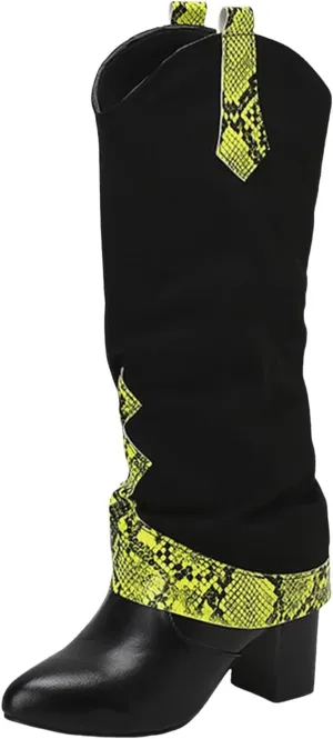 SACFOF Boots for Women Snakeskin Western Cowboy Fold Over Knee High Boots Winter Chunky Mid Heel Cowgirl Boots