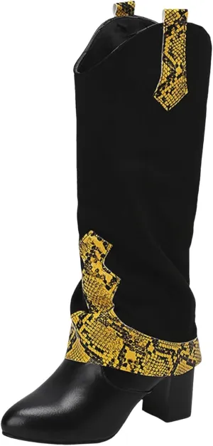 SACFOF Boots for Women Snakeskin Western Cowboy Fold Over Knee High Boots Winter Chunky Mid Heel Cowgirl Boots