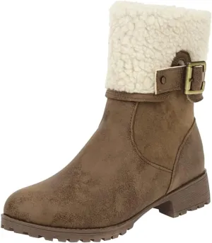 SACFOF Fleece Lined Mid Calf Boots for Women Chunky Block Heels Comfortable Slip On Warm Snow Ankle Boots Suede Winter Boots