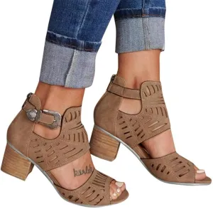 SACFOF Womens Peep Toe Sandals,Summer Buckle Cutout Low Heeled Sandals Dressy Ankle Strap Sandals with Back Zipper