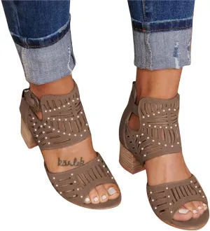 SACFOF Womens Peep Toe Sandals,Summer Buckle Cutout Low Heeled Sandals Dressy Ankle Strap Sandals with Back Zipper
