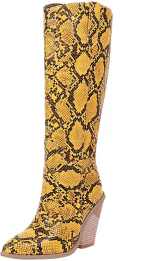 Snake Print Knee High Boots for Women Chunky Heel Pointed Toe Cowboy Boots Sexy Western Snakeskin Cowgirl Boots