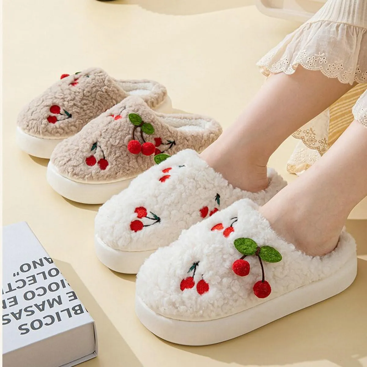 Soft and Comfortable Indoor/Outdoor Slippers for Women, Memory Foam, cherry