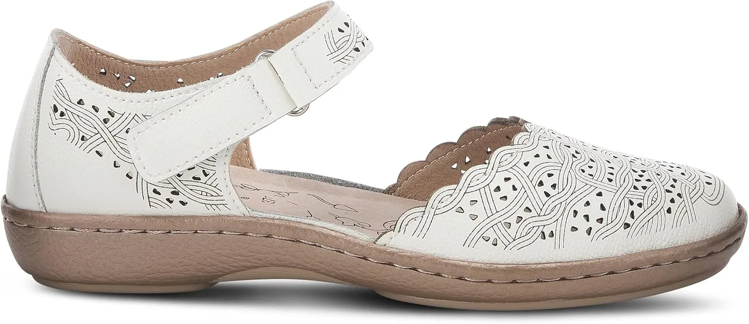 Spring Step Women's SABRIYE Leather Mary Jane Shoes  Laser-Cut Design, Adjustable Hook-and-Loop Closure, Padded Comfort, Flexible Sole