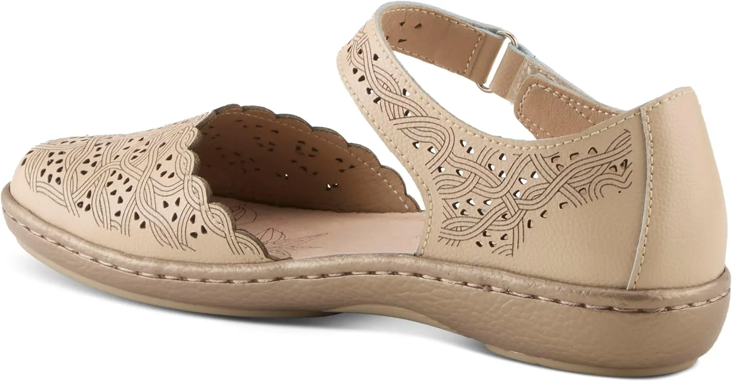 Spring Step Women's SABRIYE Leather Mary Jane Shoes  Laser-Cut Design, Adjustable Hook-and-Loop Closure, Padded Comfort, Flexible Sole