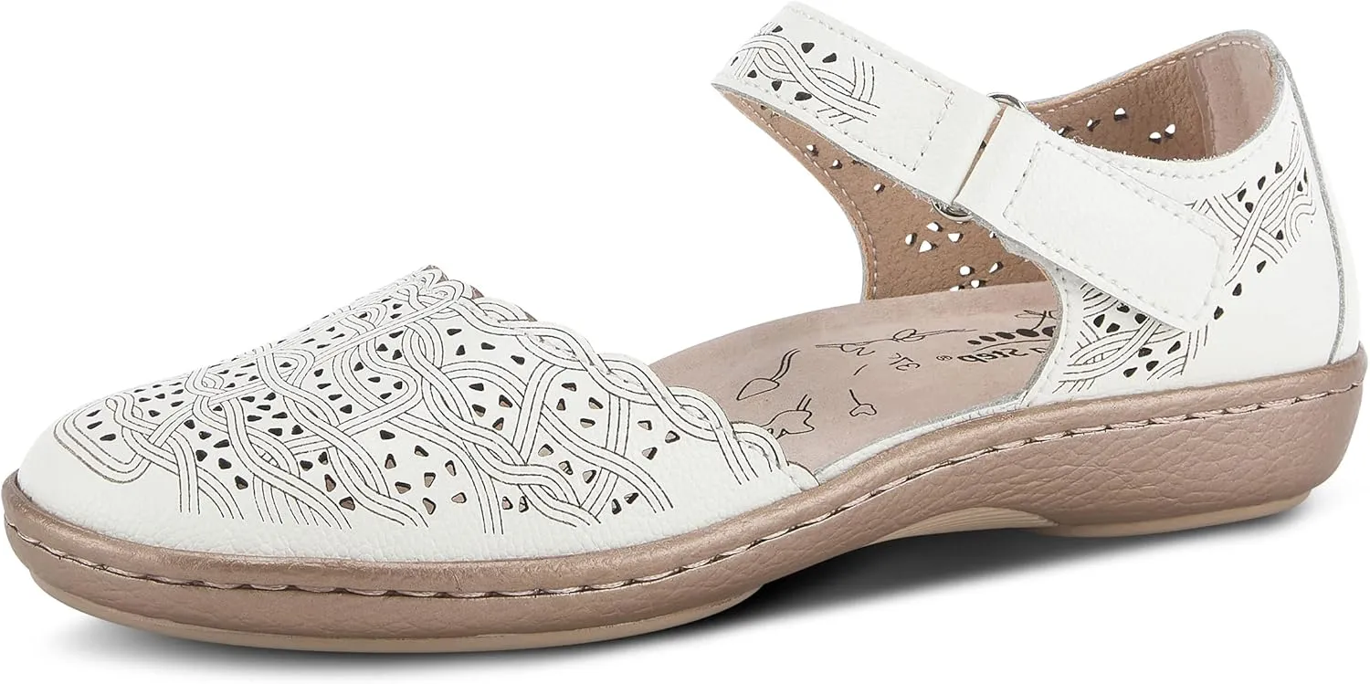 Spring Step Women's SABRIYE Leather Mary Jane Shoes  Laser-Cut Design, Adjustable Hook-and-Loop Closure, Padded Comfort, Flexible Sole