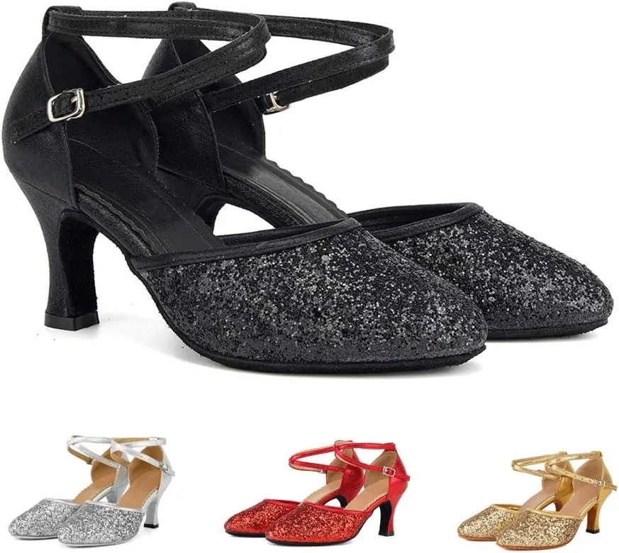 SWDZM Womens Latin Salsa Dance Shoes Professional Party Sequins Heels Ballroom Dancing Shoes