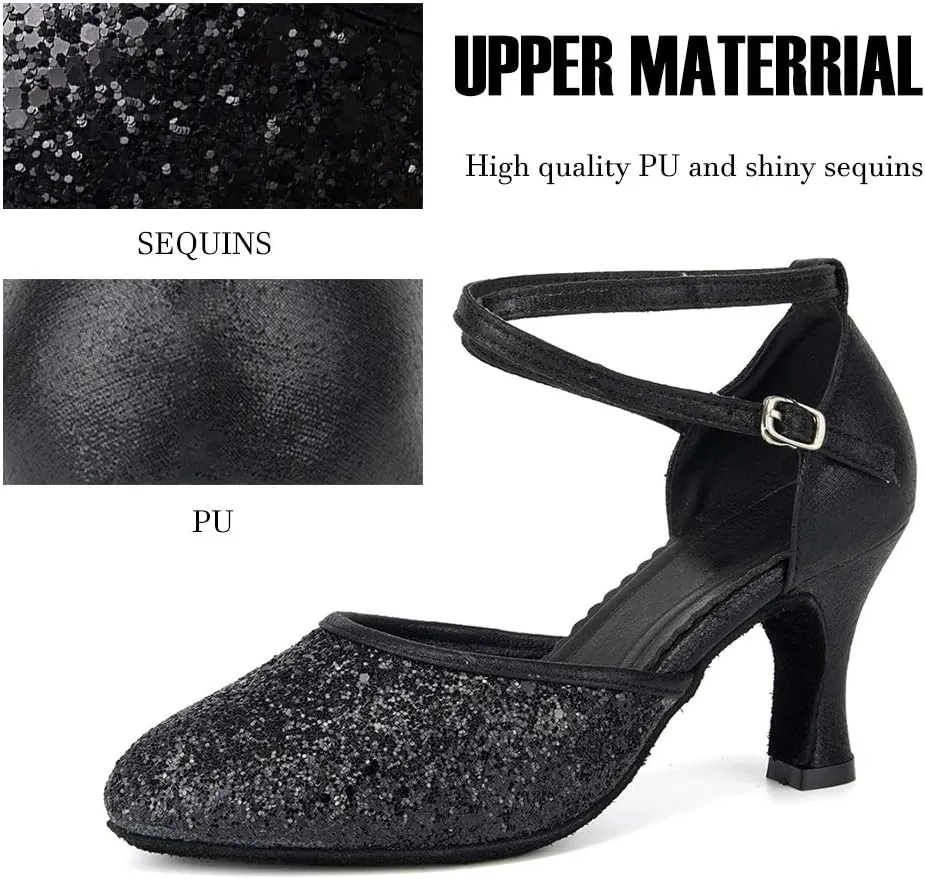 SWDZM Womens Latin Salsa Dance Shoes Professional Party Sequins Heels Ballroom Dancing Shoes