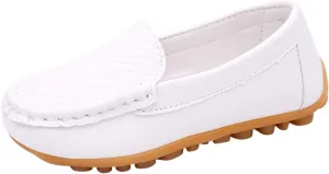 Toddler Little Kid Boys Girls No Slip On Loafers Dress Flat Shoes Soft Suede Leather Flat Boat Shoes Loafer (White, 32)