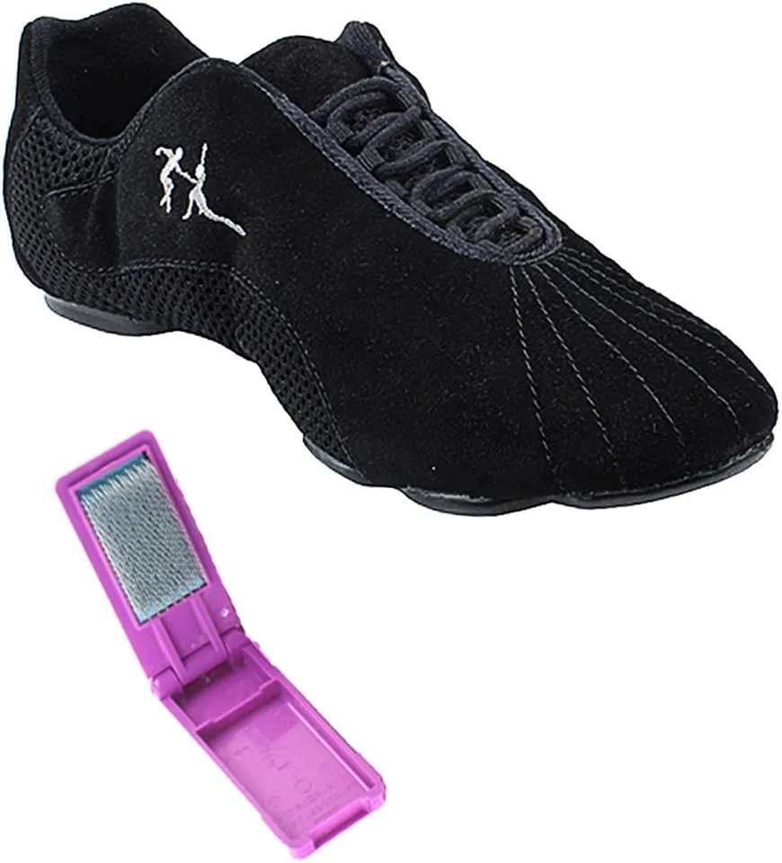 Very Fine Dance Shoes - Unisex Dance Sneakers - Flat Heel Gum Sole - VFSN016 and Foldable Brush Bundle - Black Suede - 15