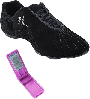 Very Fine Dance Shoes - Unisex Dance Sneakers - Flat Heel Gum Sole - VFSN016 and Foldable Brush Bundle - Black Suede - 6.5