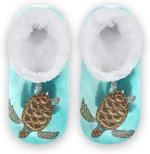 Watercolor Sea Turtle Kids House Slippers Floating Sea Tortoise Boys Closed Back Fuzzy Feet Slippers Girls Coral Fleece Slipper Socks No Skid Warm Cozy Home Slippers For Indoor Outdoor Winter Bedroom