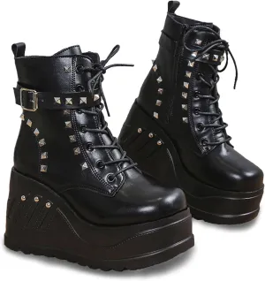 Women Platform Wedges Ankle Boots Chunky High Heel Booties Punk Mid Calf Boots Lace Up Motorcycle Boots Goth Combat Boots