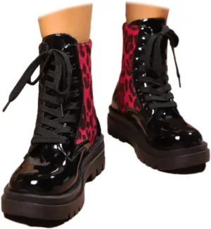 Women Round Toe Combat Ankle Boots Chunky Low Heel Leopard Printed Lace-up Combat Boots Fashion Short Booties