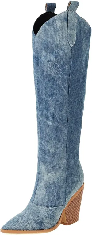 Women Western Boots Denim Knee High Chunky Heels Pointed Toe Cowgirl Boots Anti-Slip Combat Knee High Boots