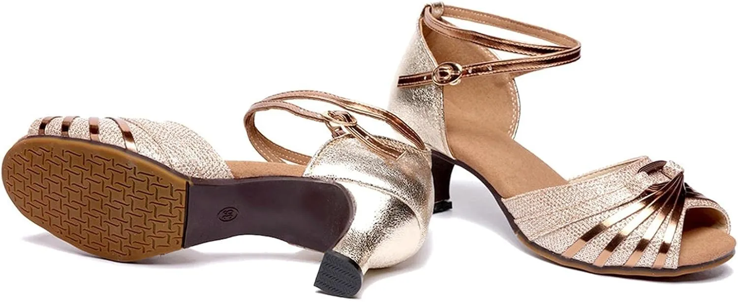 Women's Block Heel Sandals Peep Toe Dress Sandals Sparkly Latin Dance Shoes Professional Heels Wide Evening Shoes