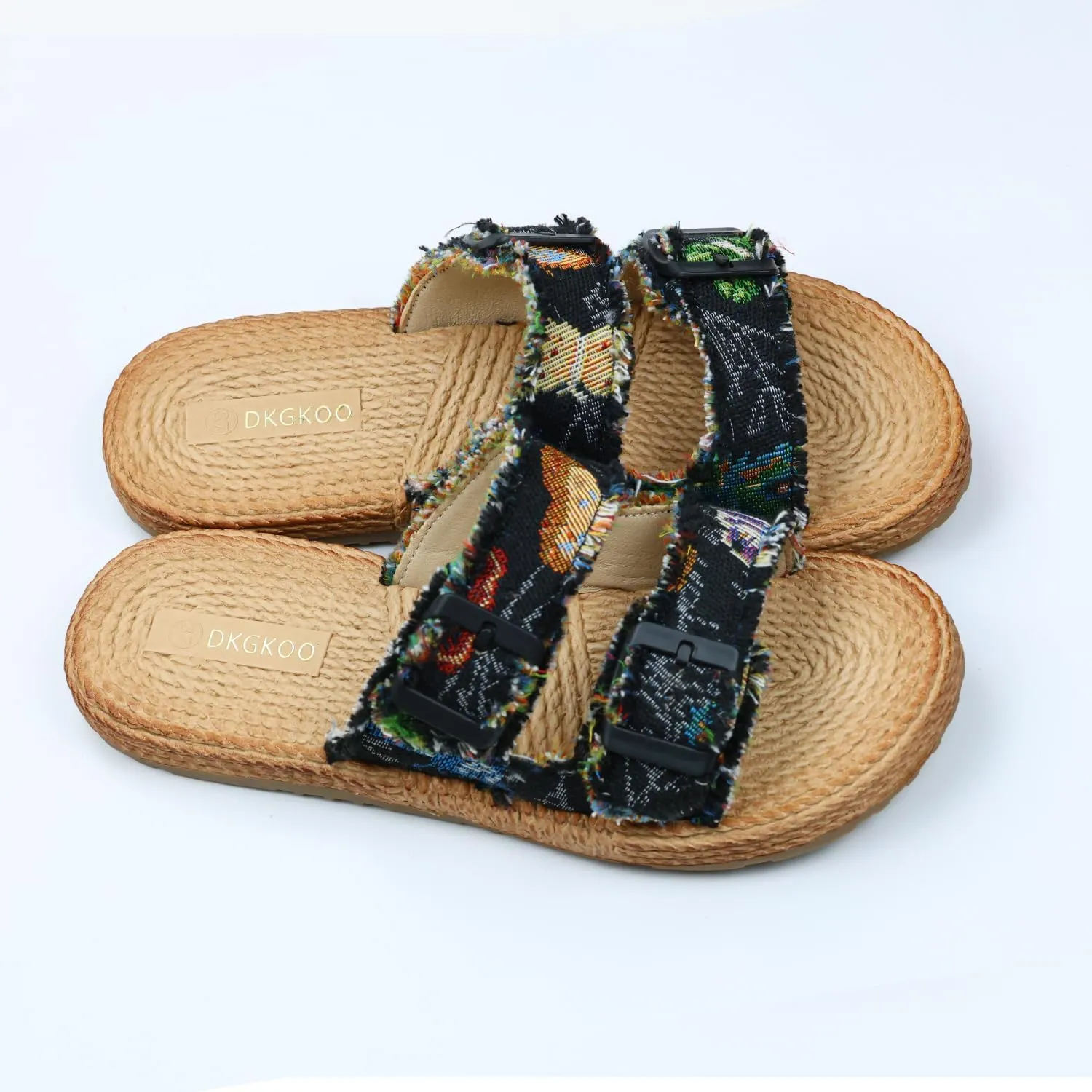 Womens Flat Slide Sandals with 2 Strap Adjustable Buckle Slip on Slides Shoes Non Slip Rubber Sole