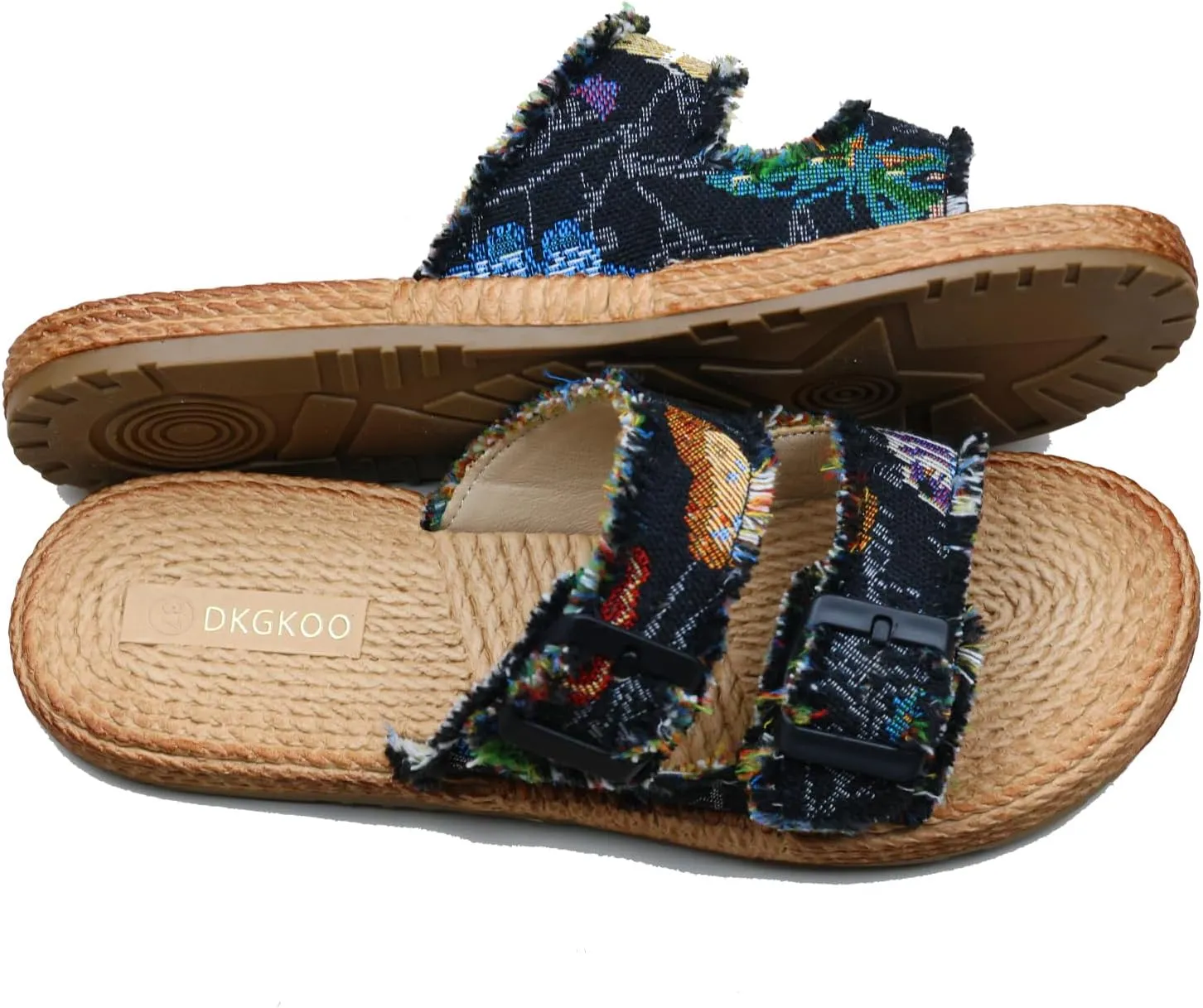 Womens Flat Slide Sandals with 2 Strap Adjustable Buckle Slip on Slides Shoes Non Slip Rubber Sole