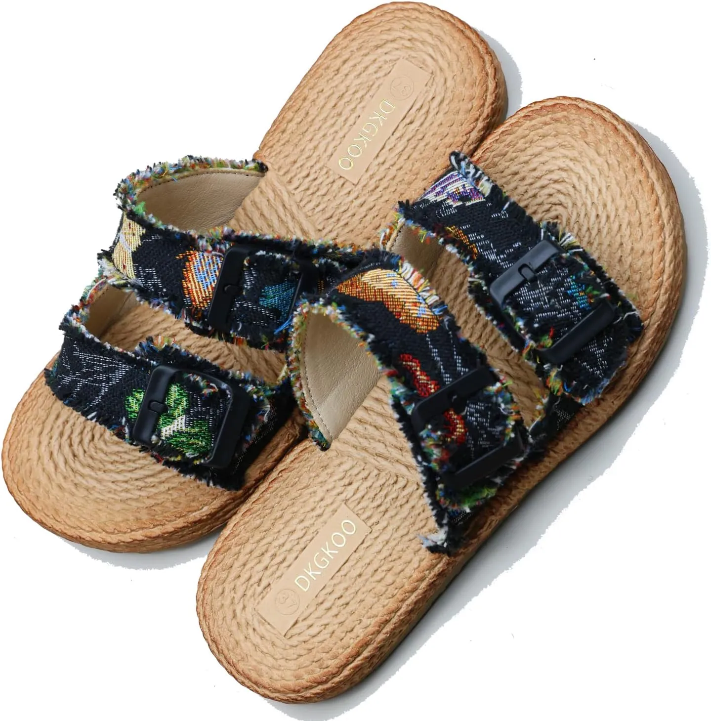 Womens Flat Slide Sandals with 2 Strap Adjustable Buckle Slip on Slides Shoes Non Slip Rubber Sole