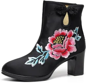 Women's Floral Embroidered Chunky Platform Ankle Boots Sexy Zip Boots Vintange Buckle Dressy High Heels Wedge Shoes