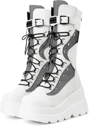 Womens Goth Platform Boots Chunky Wedge Heel Rave Combat Boots Lace Up Zipper Round Toe Mid Calf Motorcycle Booties